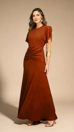 Vestido tobillero drapeado naranja teja