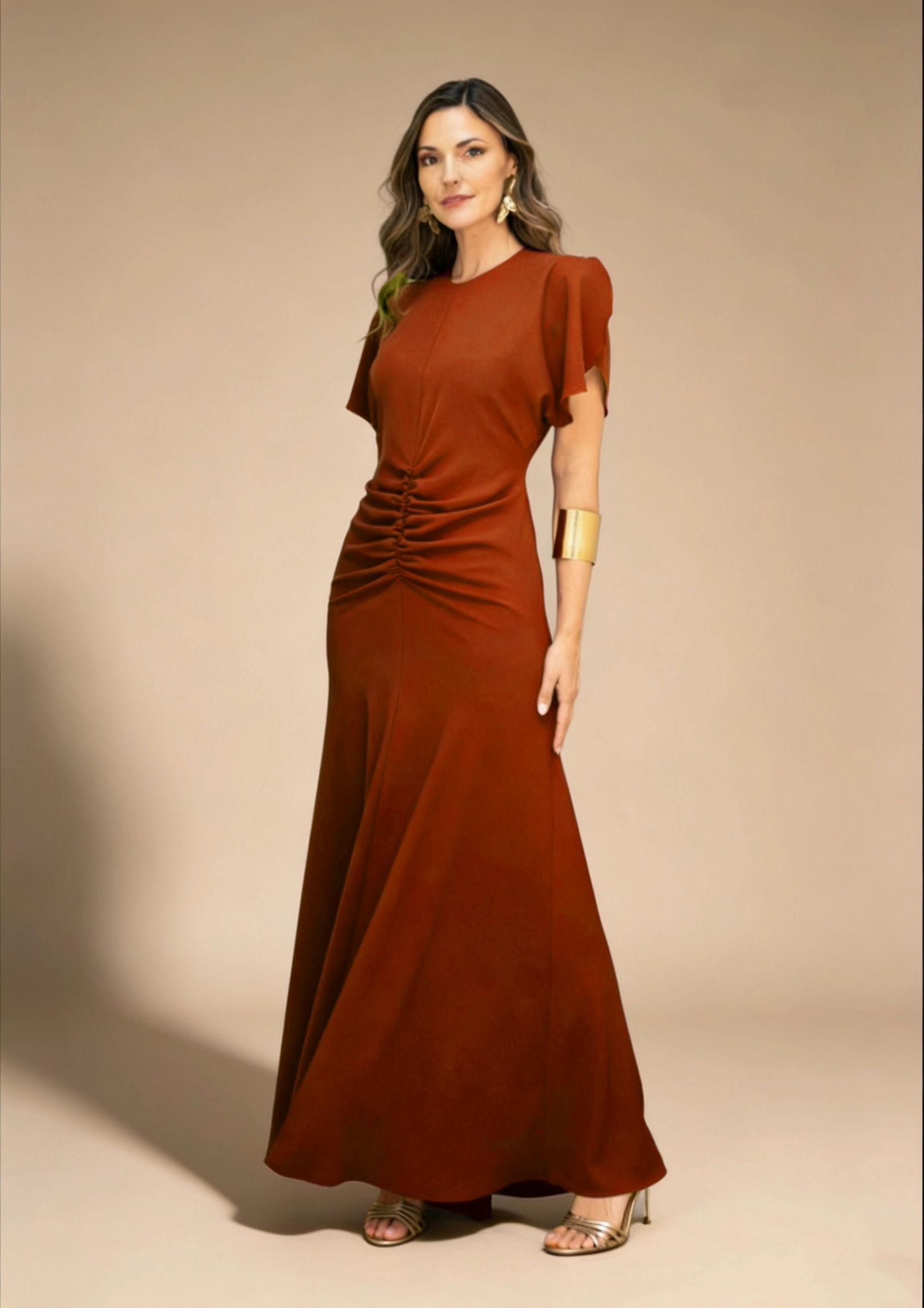 37004_tejaw Vestido tobillero drapeado naranja teja