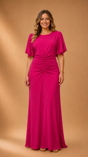 Vestido tobillero fucsia con fruncido central y manga capa