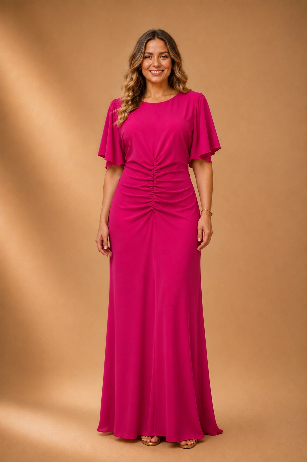 38042-fucsia (1) copia Vestido tobillero fucsia con fruncido central y manga capa