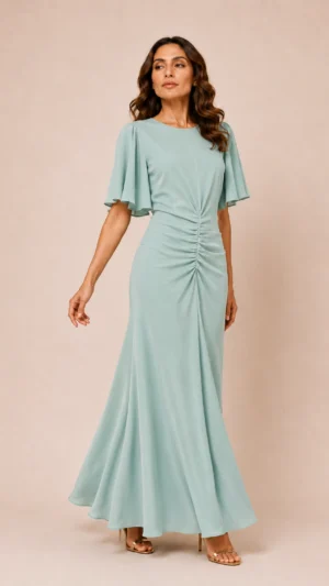 Vestido tobillero verdeagua con fruncido central y manga capa