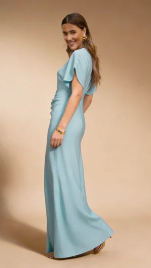 Vestido tobillero drapeado aguamarina