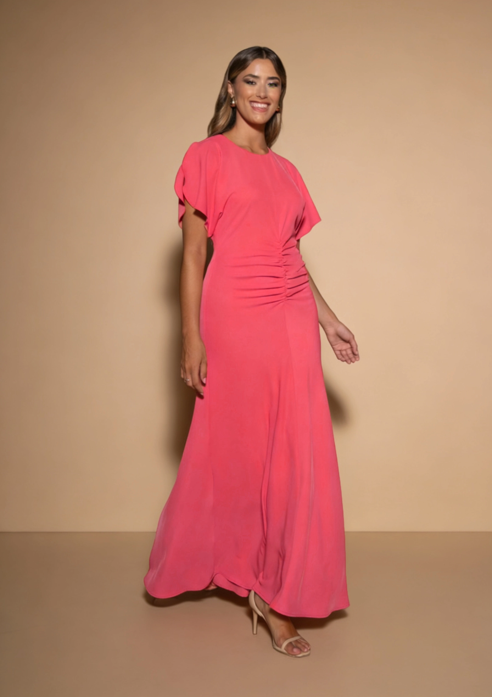 38042_fresa1w Vestido tobillero drapeado coral