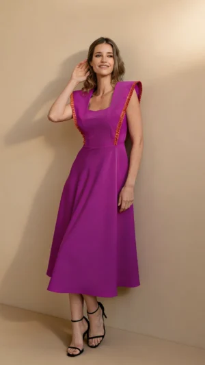 Vestido midi vuelo con detalle pasamanería buganvilla