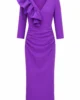 Vestido midi de crepe morado con volante de tafetán Vestido midi de crepe morado con volante de tafetán