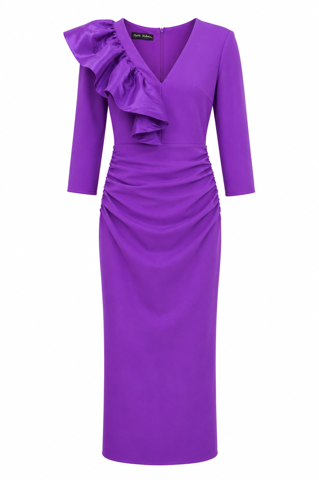 7749-morado (1) copia Vestido midi de crepe morado con volante de tafetán