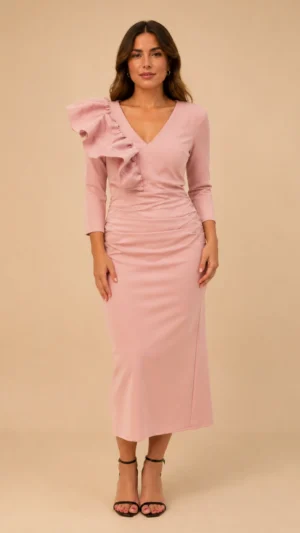 Vestido midi de crepe rosa palo con volante de tafetán
