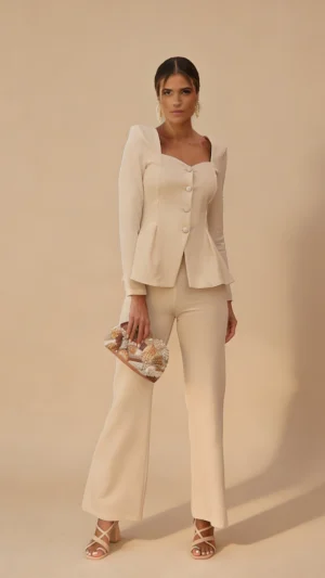Conjunto chaqueta escote corazón beige