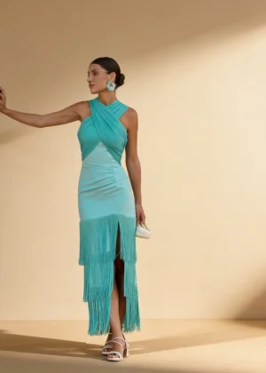 Ylma modas vestidos de fiesta, novia y comunión Vestido verde agua con flecos turquesa