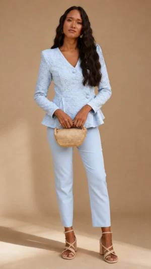 Conjunto de crepe azul bebé con chaqueta jacquard estructurada