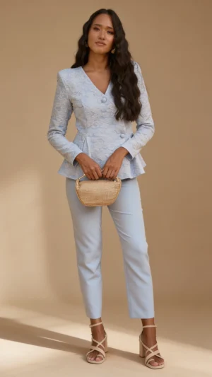 Conjunto de crepe azul bebé con chaqueta jacquard estructurada