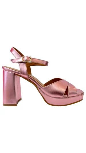 Sandalias de tacón ancho y plataforma metalizadas rosas