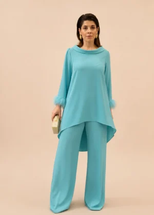 Ylma modas vestidos de fiesta, novia y comunión Conjunto de pantalón turquesa con cuello vuelto