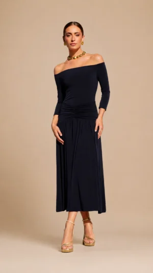 Ylma modas vestidos de fiesta, novia y comunión Vestido azul marino de hombros descubiertos