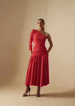 Ylma modas vestidos de fiesta, novia y comunión Vestido midi rojo de corte en cadera