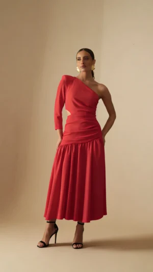 Vestido midi rojo de corte en cadera