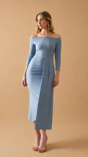 Vestido midi de punto de seda con escote bardot y falda cruzada
