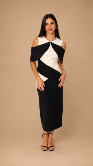 Vestido midi bicolor de crepe blanco y negro