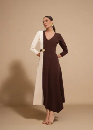 Ylma modas vestidos de fiesta, novia y comunión Vestido midi bicolor marrón con falda de vuelo y broche joya