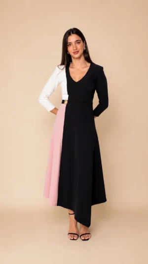 Vestido midi tricolor negro, beige y rosa
