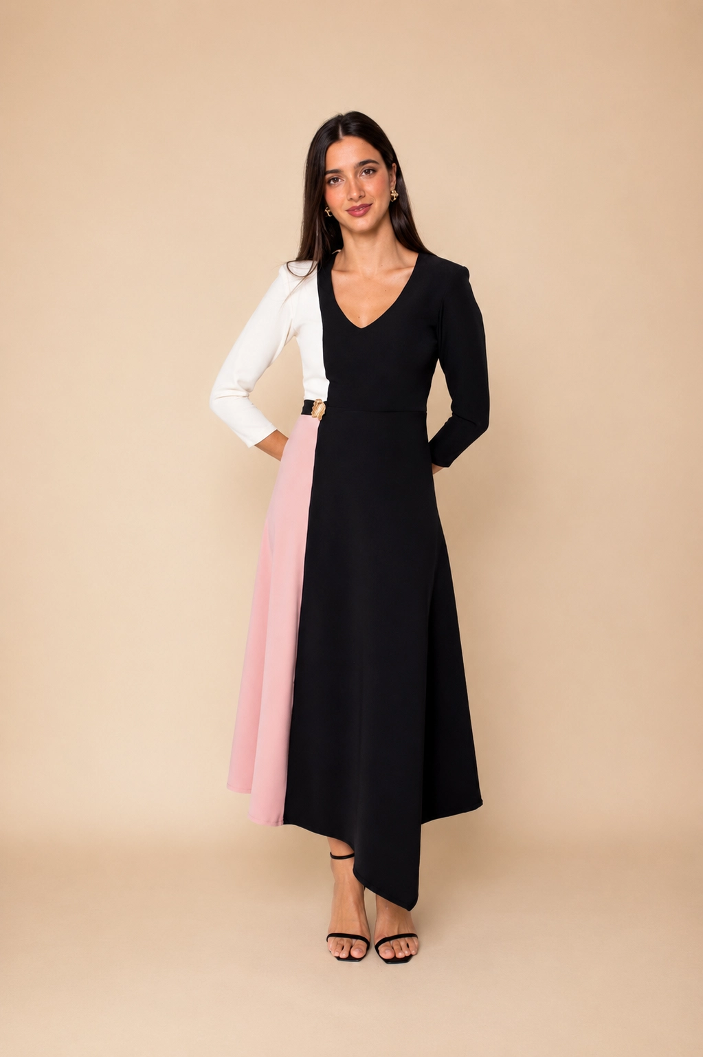7767_negro copia Vestido midi tricolor negro, beige y rosa