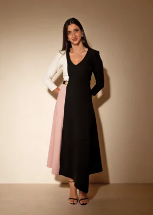 Ylma modas vestidos de fiesta, novia y comunión Vestido midi bicolor negro con falda de vuelo y broche joya