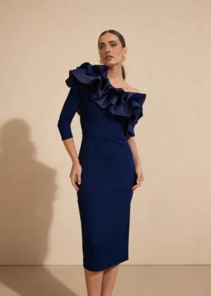Ylma modas vestidos de fiesta, novia y comunión Vestido azul marino con volantes de tafetán y escote asimétrico