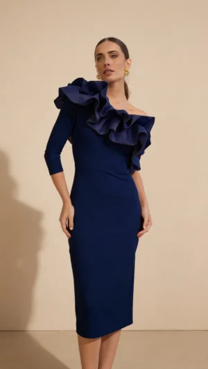 Vestido azul marino con volantes de tafetán y escote asimétrico