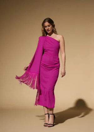 Ylma modas vestidos de fiesta, novia y comunión Vestido fucsia asimétrico con pañuelo de flecos