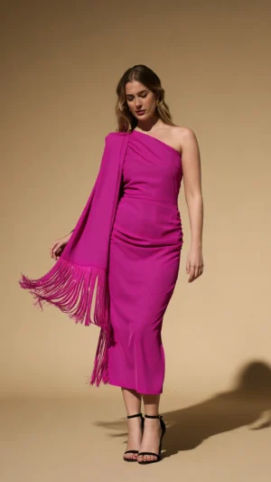 Vestido fucsia asimétrico con pañuelo de flecos