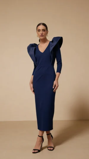 Vestido midi azul marino con volantes