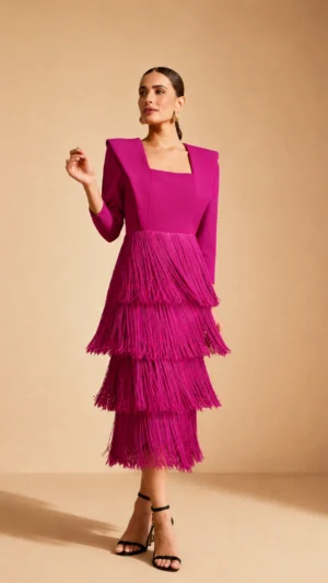 Vestido midi fucsia con falda de flecos