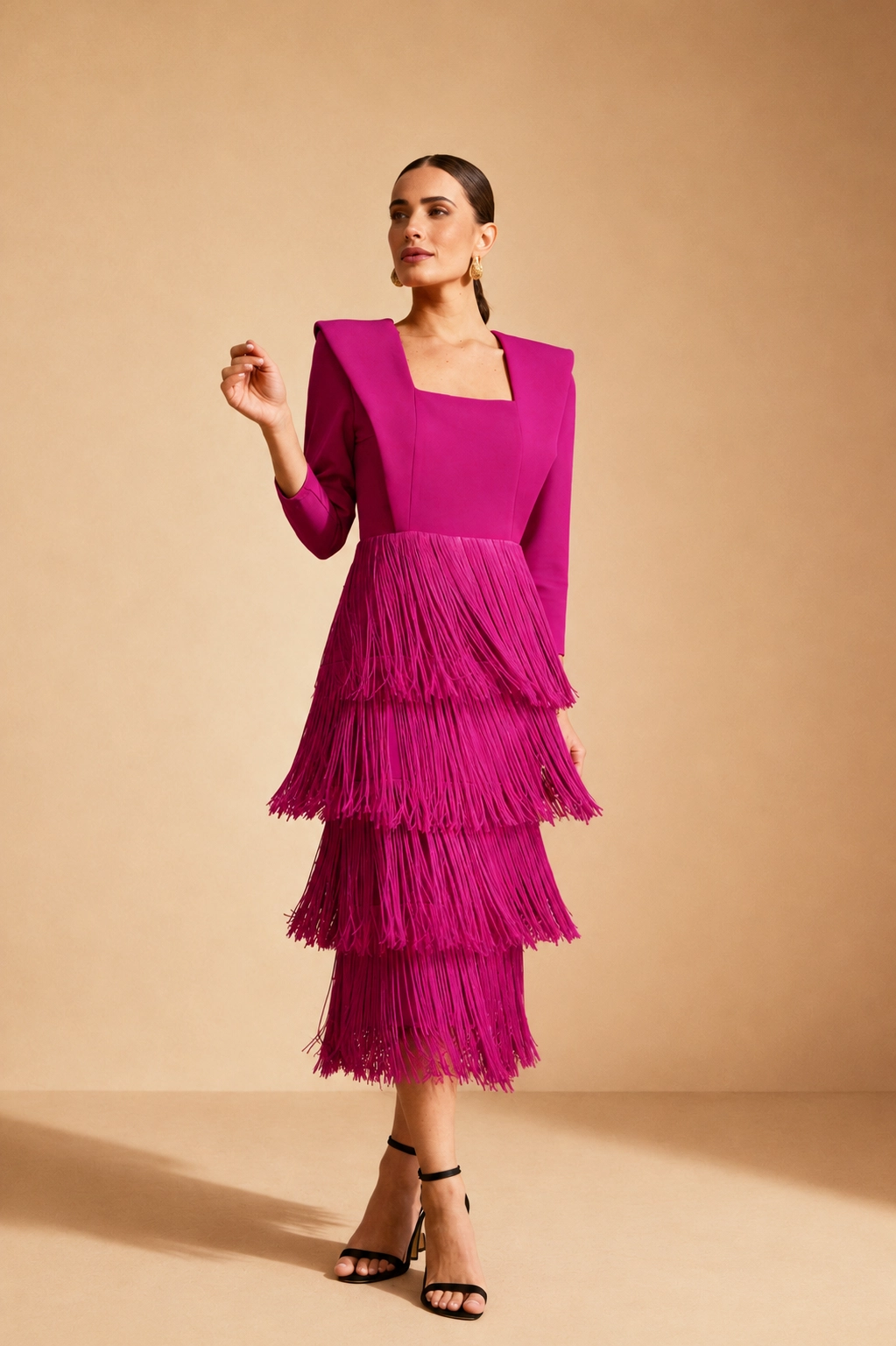 7790-FUCSIA1 copia Vestido midi fucsia con falda de flecos