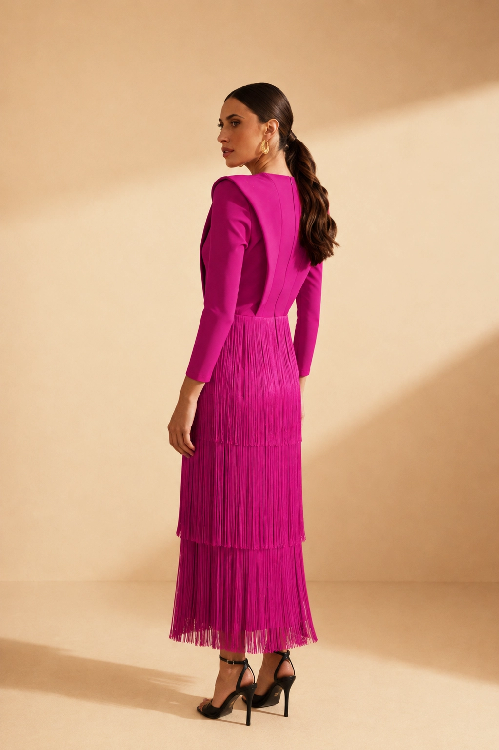 7790-FUCSIA2 copia Vestido midi fucsia con falda de flecos