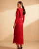 Vestido midi rojo con falda de flecos Vestido midi rojo con falda de flecos