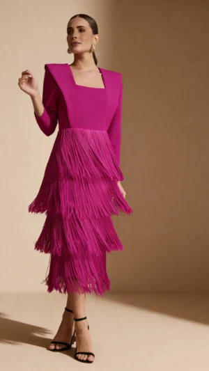 Vestido midi fucsia con flecos en cascada