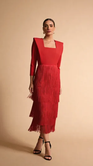 Vestido midi rojo con flecos en cascada