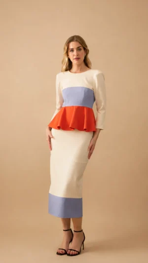 Vestido midi de crepe con peplum bicolor