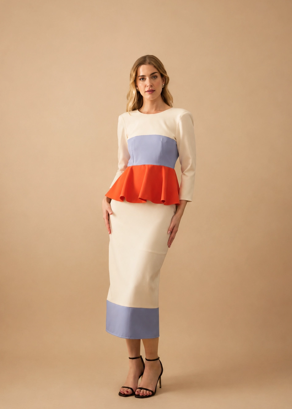 7791 copia Vestido midi de crepe con peplum bicolor