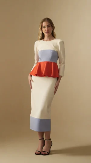Vestido midi de crepe con peplum bicolor