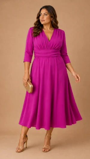 Vestido de crepé fucsia con falda de vuelo