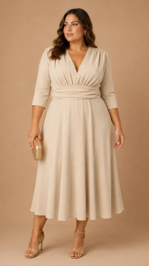 Vestido midi beige con falda de vuelo