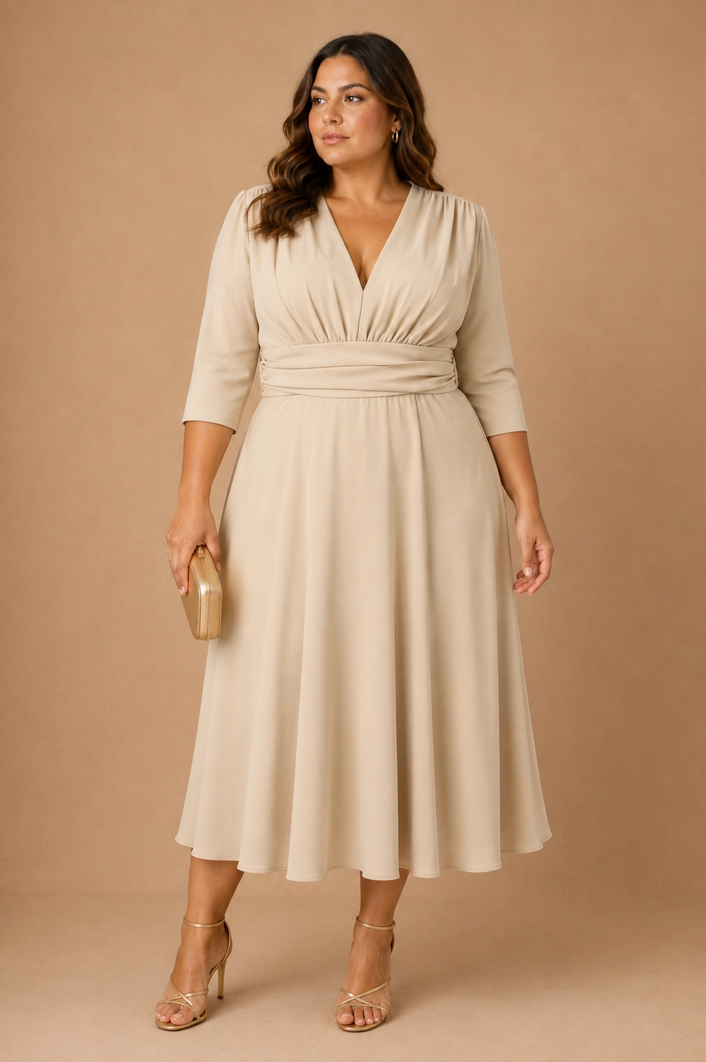 7800_beige (0) copia Vestido midi beige con falda de vuelo