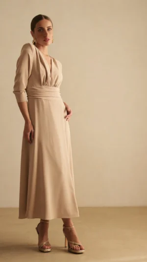 Vestido de crepé beige con falda de vuelo