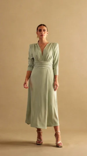 Vestido de crepé verde menta con falda de vuelo
