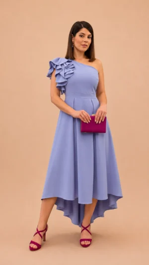 Ylma modas vestidos de fiesta, novia y comunión Vestido midi asimétrico con tablas azul claro