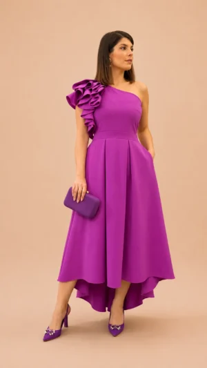 Ylma modas vestidos de fiesta, novia y comunión Vestido midi asimétrico con tablas buganvilla