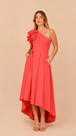 Ylma modas vestidos de fiesta, novia y comunión Vestido midi asimétrico con tablas coral