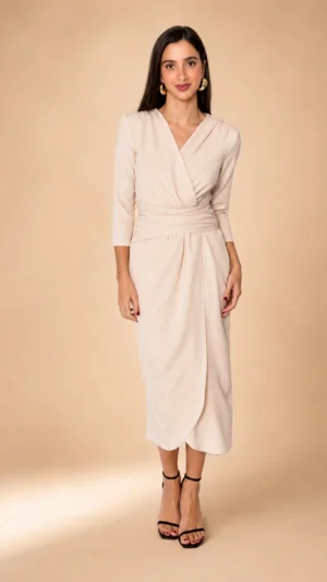 Ylma modas vestidos de fiesta, novia y comunión Vestido midi beige de crepe fino con falda cruzada