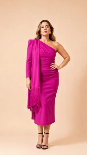 Vestido midi fucsia con fular de flecos